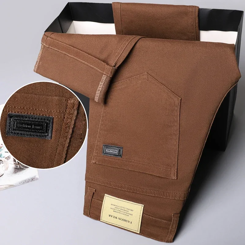 봄 가을 패션 브라운 비즈니스 캐주얼 스트레치 데님 바지 남성 브랜드 바지 남성 의류 슬림 청바지 플러스 사이즈 28-44