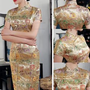 골드 Cheongsam 여성 우아한 중국 스타일 드레스 플러스 사이즈 3Xl Qipao 전통 만다린 칼라 인쇄 Vestidos 여성 롱 드레스