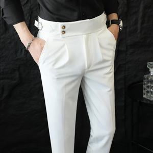 고품질 이탈리아 스타일 하이 웨이스트 정장 바지 패션 나폴리 남성 슬림 피트 비즈니스 사무실 사회 결혼식 바지