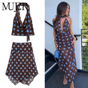 MUJER 폴카 도트 미디 스커트 여성용 비대칭 미드 웨이스트 여성 스커트 세미 시어 롱 여성 휴가 비치 여성 스커트 세트