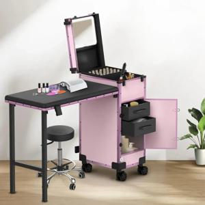 L을 입력하세요. #   2개의 서랍, 거울 및 매니큐어, 잠글 수 있는 화장품 기차 상자 및 롤링 휴대용 접이식 네일 강화 테이블