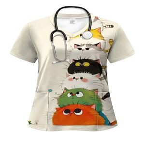 여름용 재미있는 만화 고양이 그래픽 티셔츠 3D 프린트 V넥 스크럽 상의 - 포켓이 있는 연베이지색 반팔 간호사 유니폼
