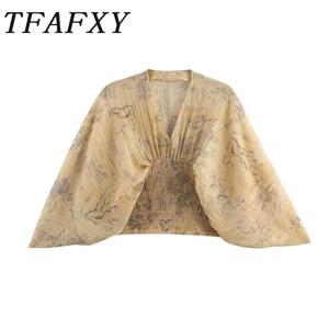 TFAFXY 여성 캐주얼 블라우스 인쇄 v 넥 박쥐 슬리브 접이식 루즈 블라우스 새로운 패션 홀리데이 셔츠
