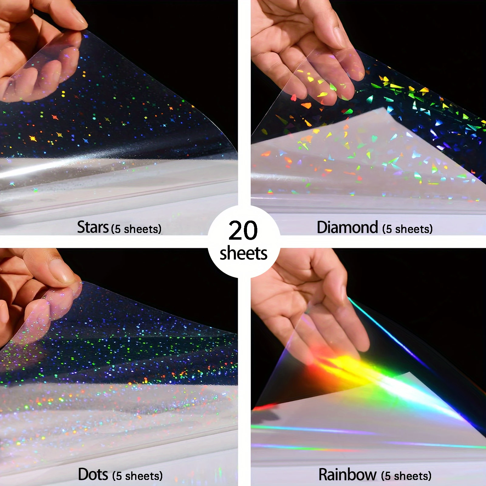 20매 홀로그램 PVC 스티커 용지, A4 혼합 패턴(무지개, 깨진 유리, 별, 점), 자체 접착식 콜드 라미네이션