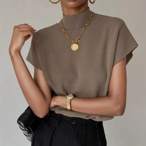 패션 스탠드 칼라 슬림 여성 니트 베스트 루즈 솔리드 엘레강스 스트레이트 탑 반팔 오피스룩 티셔츠 루즈 셔츠