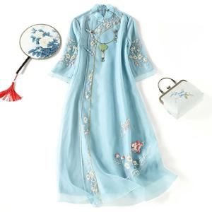 꽃 수 놓은 Cheongsam 여성 복고풍 짧은 소매 쉬폰 드레스 중국 스타일 빈티지 당나라 드레스 여름 새로운 패션