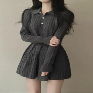 한국 스타일 시크 트위스트 니트 스웨터 폴로넥 탑 하이웨이스트 플리츠 스커트 스몰 사이즈 투피스 세트 여성 가을 겨울