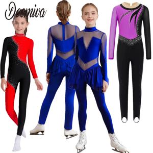 키즈 소녀 반짝 이는 라인 석 발레 댄스 유니타드 점프 슈트 피겨 스케이팅 체조 레오타드 댄스 곡예 바디 슈트 의상