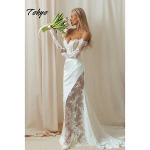 도쿄 맞춤형 화이트 사이드 하이 슬릿 웨딩드레스 오프숄더 슬리브리스 브라이덜 가운 우아한 머메이드 웨딩드레스
