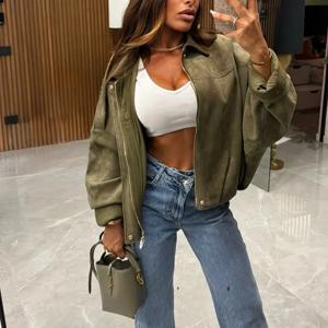 KONDALA 2025 가을 겨울 여성용 봄버 재킷 라펠 긴 소매 지퍼 스웨이드 재킷 여성 하이 스트리트 재킷 코트 아우터웨어