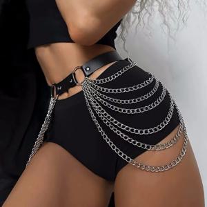 프린지 장식이 있는 고딕 펑크 블랙 PU 가죽 벨트, 여성용 조절 가능한 하네스 허리 체인, 로커빌리 할로윈 축제 액세서리
