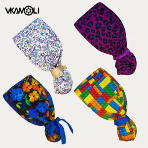 꽃무늬 의료진 포니테일 캡 먼지 방지 및 긴 머리용 여성 화학요법 캡 스크럽 모자