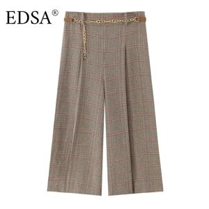 EDSA 여성 하운드투스 롱 반바지 벨트 포함 하이 웨이스트 사이드 지퍼 캐주얼 여성 바지