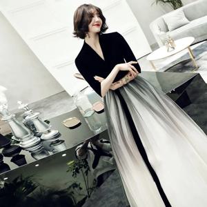 우아한 롱 블랙 이브닝 가운 여성용 2025 신상 그라데이션 컬러 디너파티 퀸 분위기 맥시 길이 이브닝 드레스