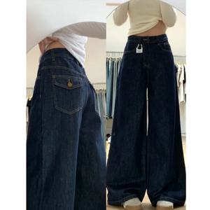 하이웨이스트 와이드 레그 데님 진 여성 루즈핏 아메리칸 스타일 가을철 배형 체형에 적합한 워싱 코튼 스트레치 원단