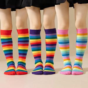 여아용 레인보우 종아리 중간 길이 양말 1켤레, 부드럽고 통기성이 좋은 어린이용 컬러풀 스트라이프 튜브 양말, 2-9세 어린이용 일상 착용
