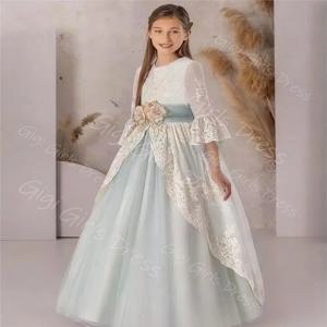 우아한 레이스 공주 꽃 소녀 드레스 2-14 어린이 3/4 소매 3D 꽃 벨트 웨딩 파티 가운 첫 성찬식 드레스 맞춤