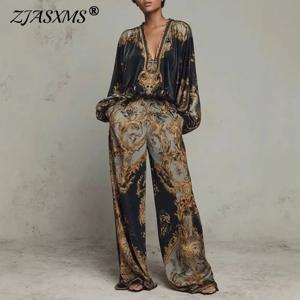 레트로 패턴 프린트 여성용 2피스 세트 섹시한 딥 V넥 탑 블라우스 우아한 의상 2026 봄 가을 와이드 레그 팬츠 슈트