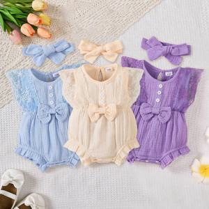 2PCS 신생아 아기 소녀 Romper 일반 부드러운 바디 슈트 레이스 민소매 Onesie + 머리띠 여름 의상 유아 소녀 옷 0-18 개월