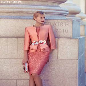 신부 어머니 코랄 레이스 재킷, 무릎 길이 바디콘, 웨딩 하객 쥬얼리 넥 이브닝 가운, 맞춤형 신제품