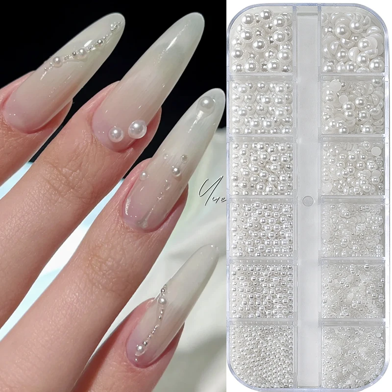 12 그리드 혼합 화이트 진주 네일 참 3D 라운드/반원형 진주 비즈 네일 아트 라인 석 매니큐어 액세서리 DIY 부품 Y7%6K