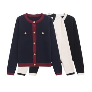 가을 여성복 금색 단추 긴 소매 흑백 라운드 넥 니트 가디건 스웨터 코트 1822/106