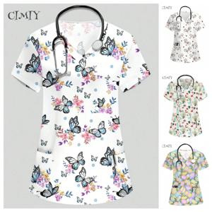여성 병원 유니폼 우아한 나비 프린트 산부인과 간호 탑 v 넥 마이크로 스트레치 반팔 티셔츠 의료 의류