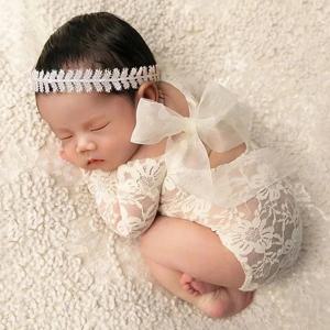 Ylsteed 2 조각 세트 신생아 레이스 Romper 유아 사진 복장 일치하는 머리띠 아기 소녀 사진 촬영 소품