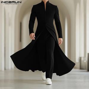 INCERUN 남성 블레이저 솔리드 컬러 스탠드 칼라 긴소매 러플 롱 스타일 블레이저 남성 스트릿웨어 가을 2025 패션 남성 정장
