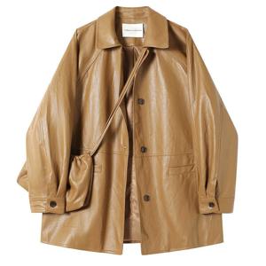 레트로 인조 가죽 블레이저 코트 여성용 2025 봄 가을 싱글 브레스티드 라펠 칼라 중간 길이 루즈핏 가죽 재킷