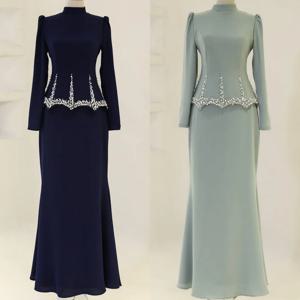 맞춤형 모던 스타일 우아한 저지 라인스톤 주름 스트레이트 하이 칼라 롱 드레스 맞춤 제작 행사 드레스 정장 레트로