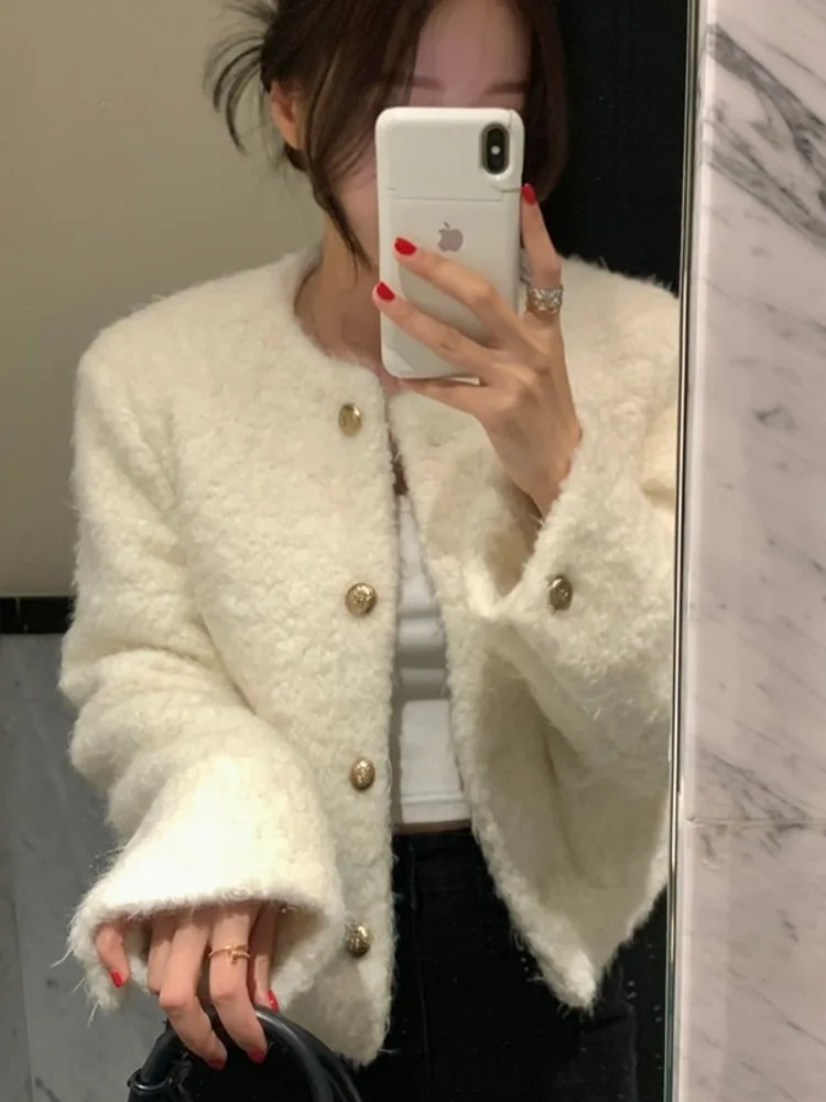 시크한 메탈 버튼 라운드 넥 코튼 블렌드 숏 코트 따뜻한 울 아우터웨어 여성용 봄 가을 두꺼운 솔리드 컬러 출퇴근용