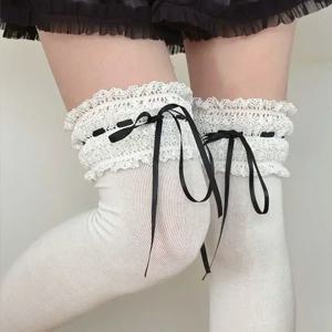 로리타 오버 니하이 양말 코튼 스위트 레이스 보우 리본 카와이 종아리 길이 양말 허벅지 길이 스타킹 JK 코스프레 액세서리