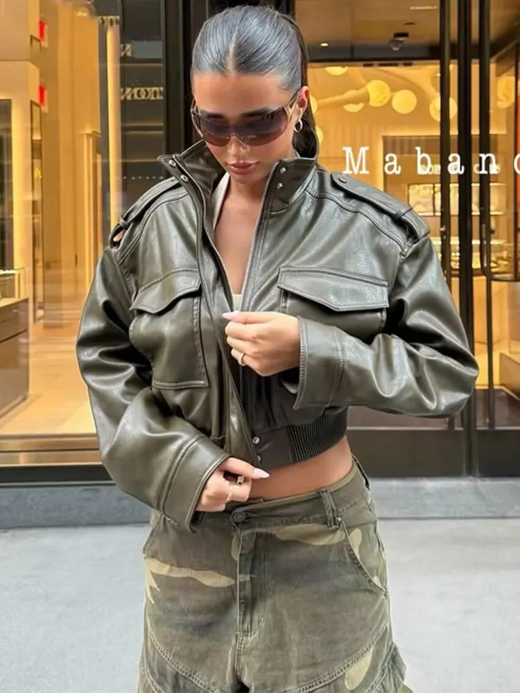 여성용 인조 가죽 크롭 재킷 빈티지 봄버 재킷 포켓 장착 긴 소매 코트 지퍼 오버코트 재킷