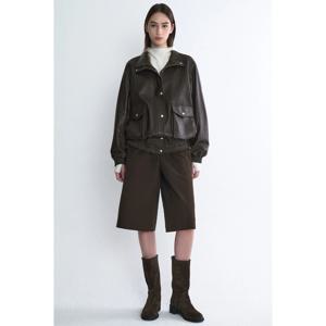 캐주얼 레몬 치즈 TIM25 가을 바이커 스타일 투톤 가죽 재킷 아우터 스탠드 칼라 출퇴근용 여성 코트