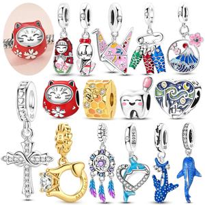 새로운 925 스털링 실버 참 비즈 야광 고래 상어 하트 돌고래 별이 빛나는 하늘 물고기 참 오리지널 팔찌에 맞는 쥬얼리 선물