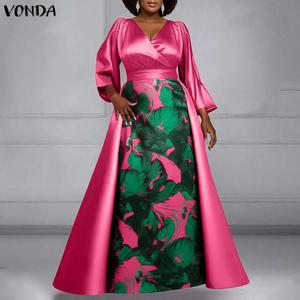 VONDA 플러스 사이즈 5XL 여성용 새틴 우아한 맥시 드레스 여름 꽃무늬 패치워크 파티 로브 2025 패션 V넥 롱 드레스
