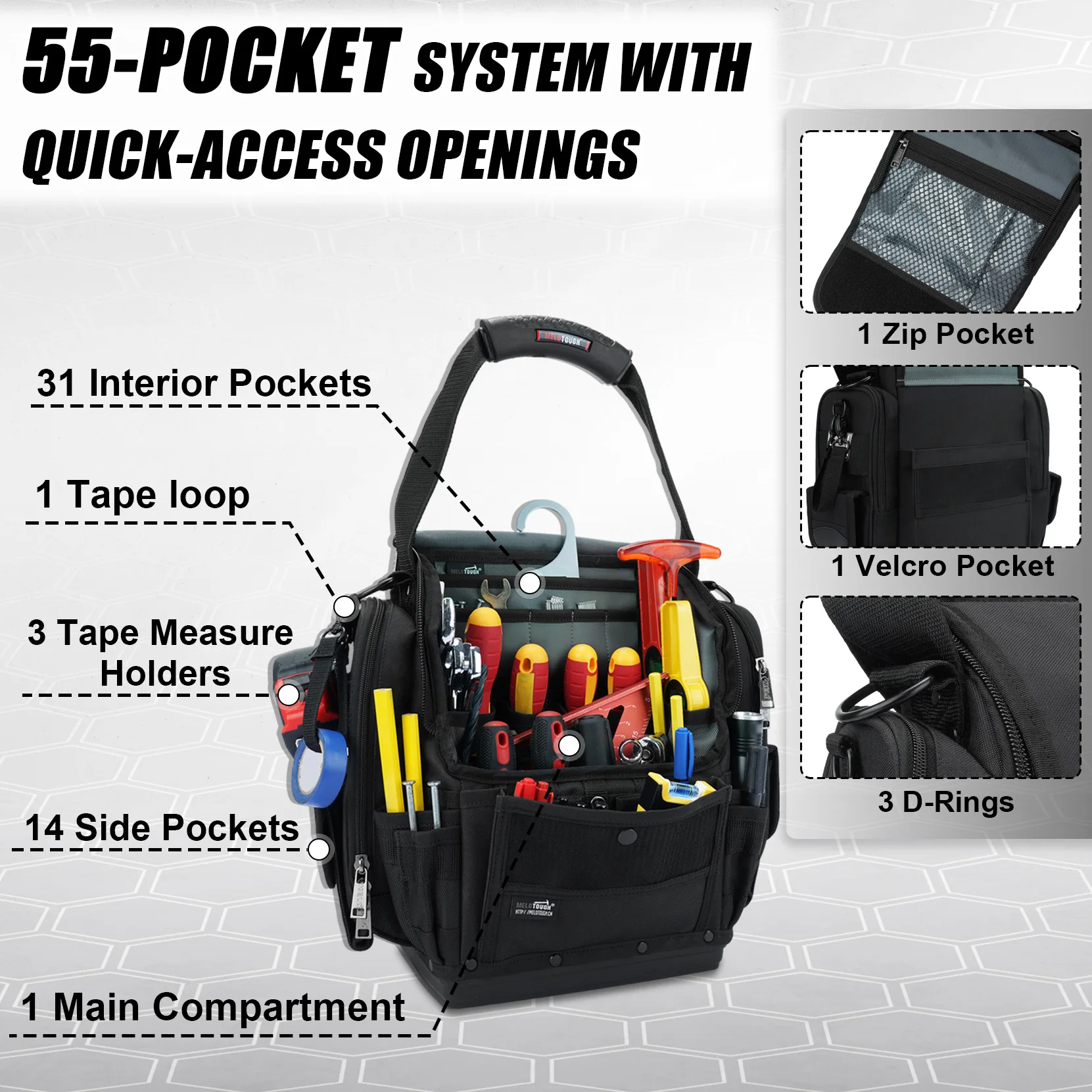 전기 기술자 도구 가방, 55포켓 프로 팩 도구 가방, 프로 팩, 작은 견고한 바닥이 있는 튼튼한 도구 파우치