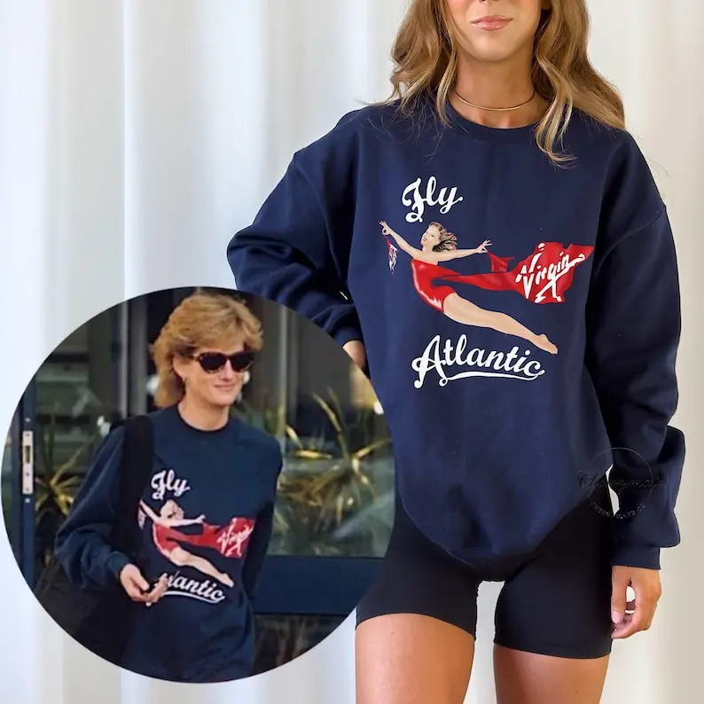 플라이 아틀란틱 프린세스 다이애나 스웨트셔츠 레트로 80년대 스포티 크루넥 겨울 옷 여성용 미적 스웨터 캐주얼 긴팔 탑