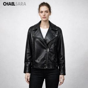 2026 새로운 고품질 여성 블랙 인조 가죽 자켓 캐주얼 긴팔 코트 지퍼 여성용 오토바이 코트 탑
