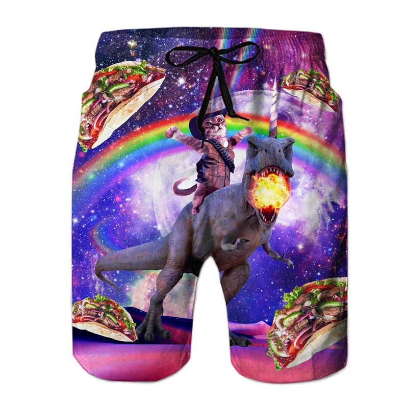 재미 있은 공룡 고양이 그래픽 비치 반바지 남자 3D 인쇄 동물 서핑 보드 반바지 여름 하와이 수영 트렁크 멋진 얼음 반바지
