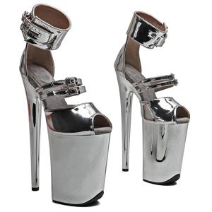Leecabe 23CM/9inches 반짝 이는 PU 어퍼 트렌드 패션 전기 도금 플랫폼 하이힐 샌들 스트리퍼 힐 폴 댄스 슈즈
