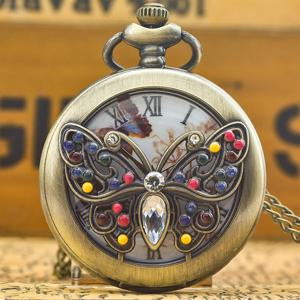 레트로 청동 Steampunk 나비 속이 빈 새겨진 석영 주머니 시계 목걸이 펜던트 시계 체인 남성과 여성 체인 선물