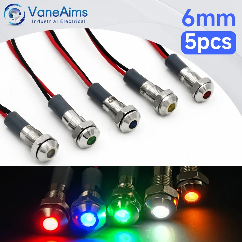 VaneAims 5PCS LED 금속 표시기 6mm 방수 소형 평면 LED 패널 마운트 신호등 3-6V 12-24V 빨간색 노란색 파란색 녹색 흰색