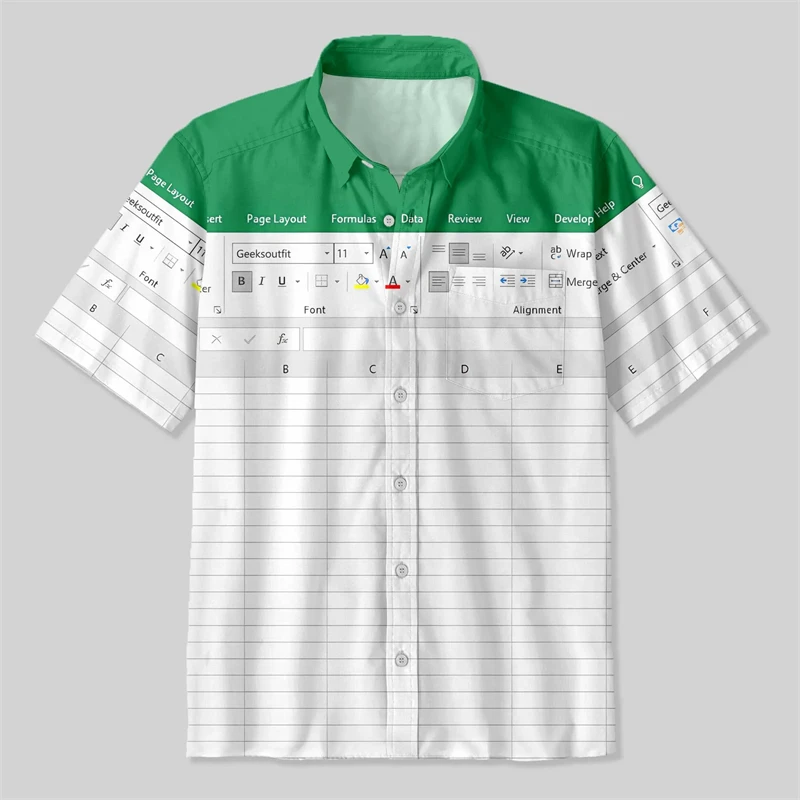 3D Print Graphic Funny Excel Spreadsheet Hawaiian Shirt Leisure Vacation Style Loose Button Shirts Creative Work Clothes Y2k