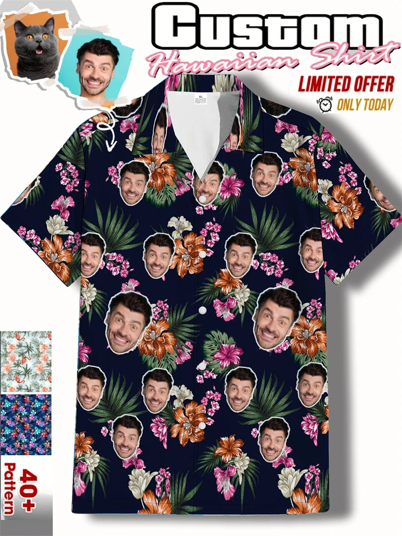 무료 맞춤 사진 얼굴 팀 하와이안 남성 셔츠 코코넛 나무 패턴 개인 맞춤 DIY 얼굴 비치 남성 반팔 알로하 셔츠