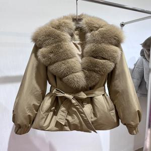 2025 겨울 여성용 리얼 구스 다운 재킷 천연 리얼 폭스 퍼 칼라 푸퍼 재킷 벨트 여성 아우터 코트 특가 판매