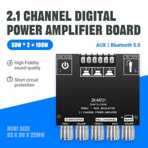 미니 2.1 채널 디지털 앰프 보드 ZK-MT21 블루투스 5.0 100W 서브우퍼 + 2x50W 스테레오 출력 AUX 입력 12V/24V 5A 전원
