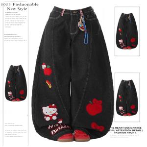 미국 레트로 키티 고양이 자수 와이드 레그 청바지 여성 루즈 스트레이트 컷 팬츠 가을 신상 캐주얼 하이웨이스트 데님 팬츠