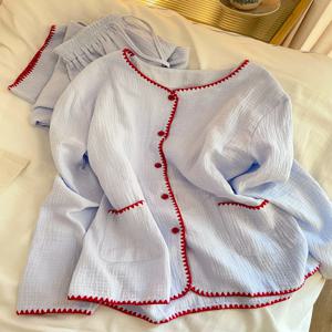 캐주얼 게으른 스타일 컬러 블록 긴 소매 잠옷 여성 봄 가을 면사 바지 세트 홈 의류 편안한 루즈핏